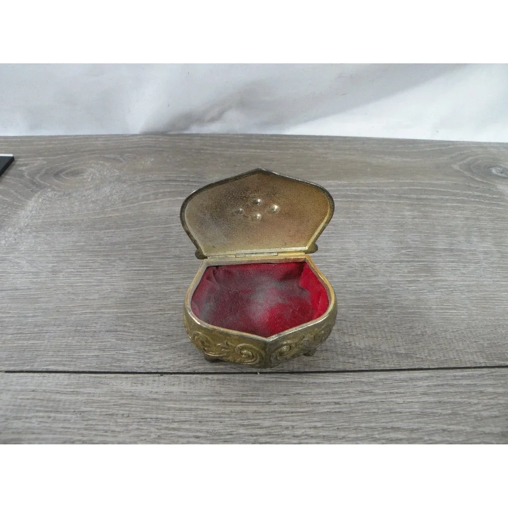 Japan Vintage Footed Trinket Box S Gold Metal Red Velvet Lining